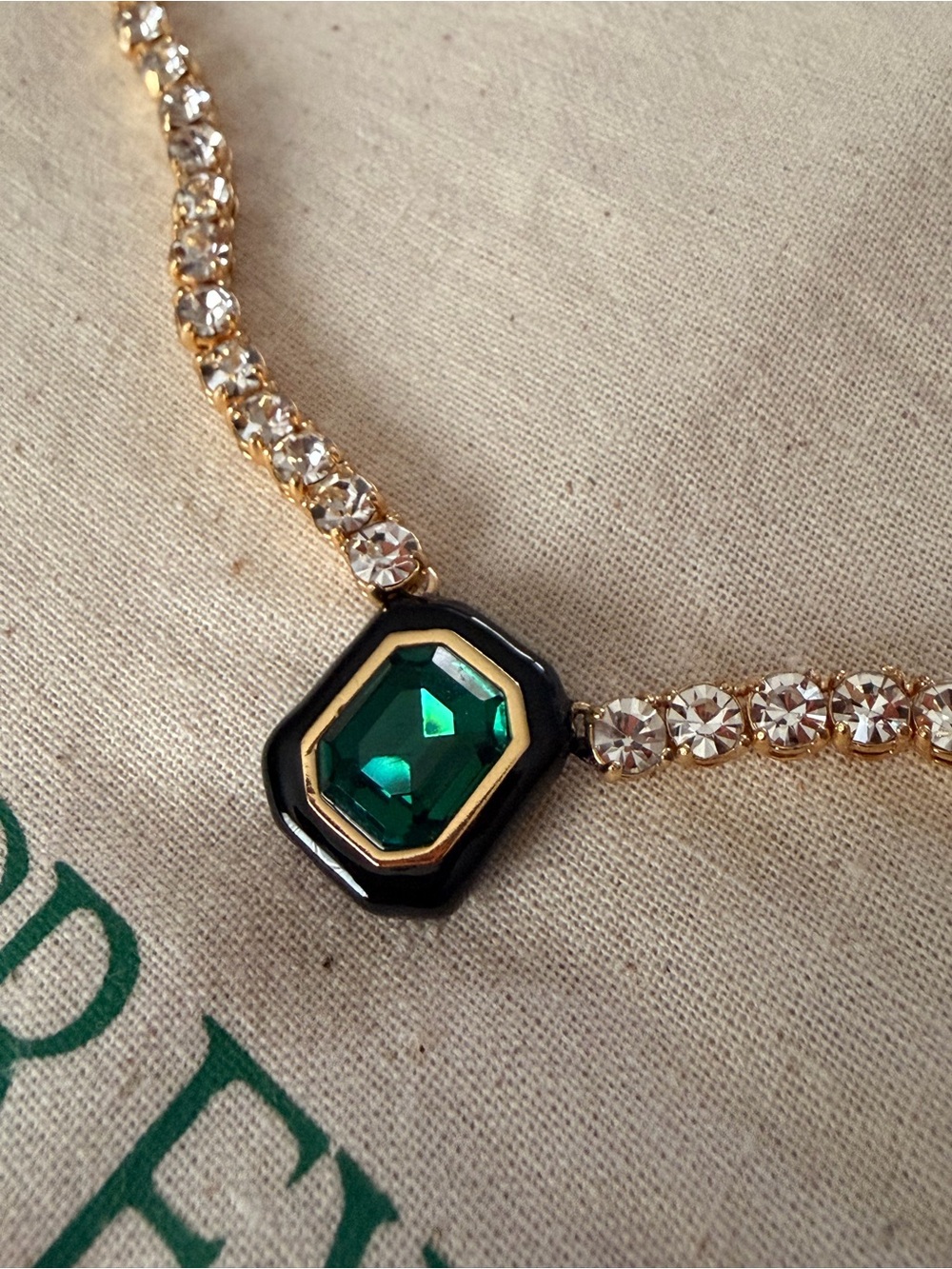 J. Crew Cupchain Emerald gemstone pendant Gold Crystal Necklace #WE
